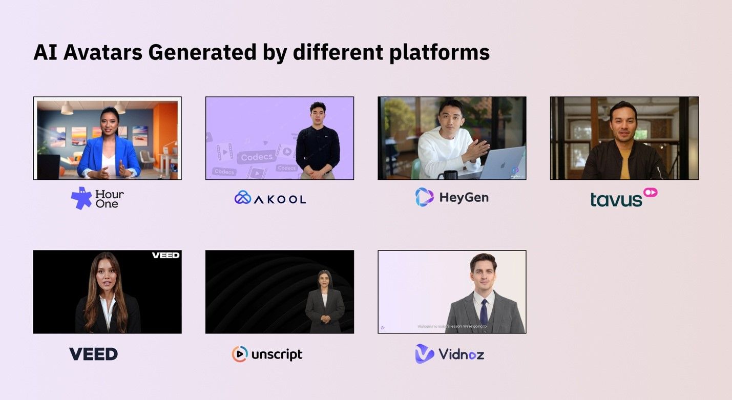 AI avatars generated by different text-to-video platforms: Hour One, AKOOL, HeyGen, Tavus, VEED, unscript, Vidnoz