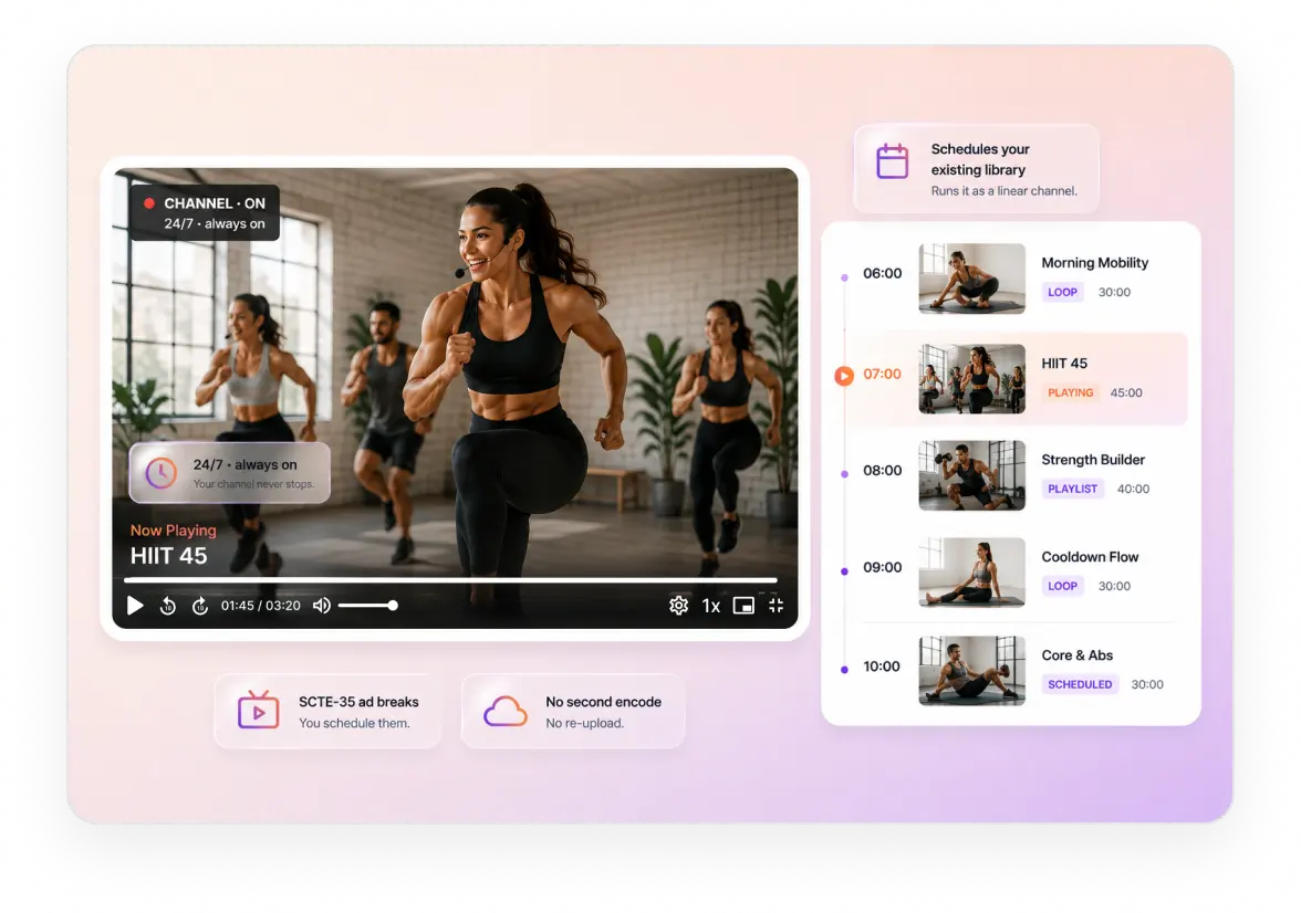 A 24/7 workout channel scheduled from the existing class library with cloud playout