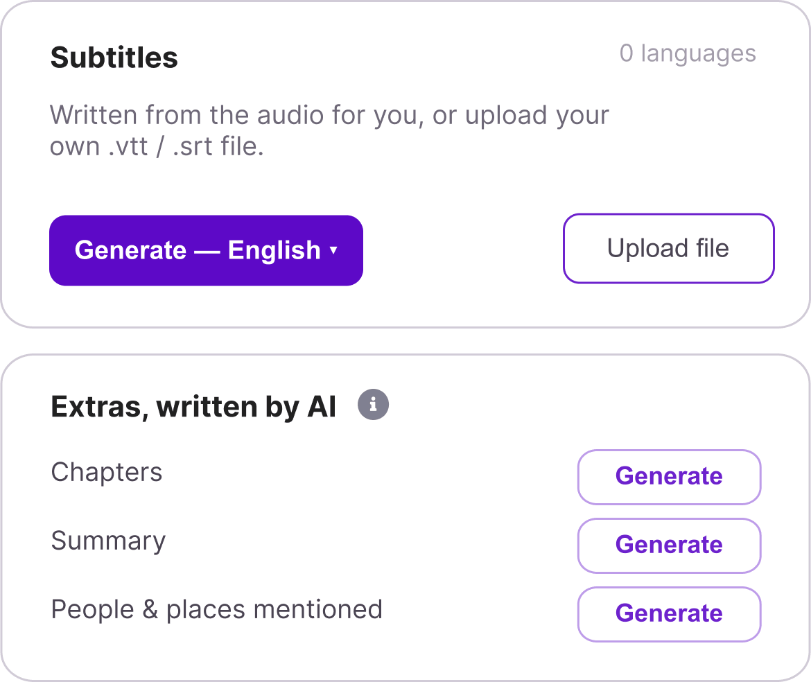 The FastPix AI features screen: generated captions, chapters and named entities