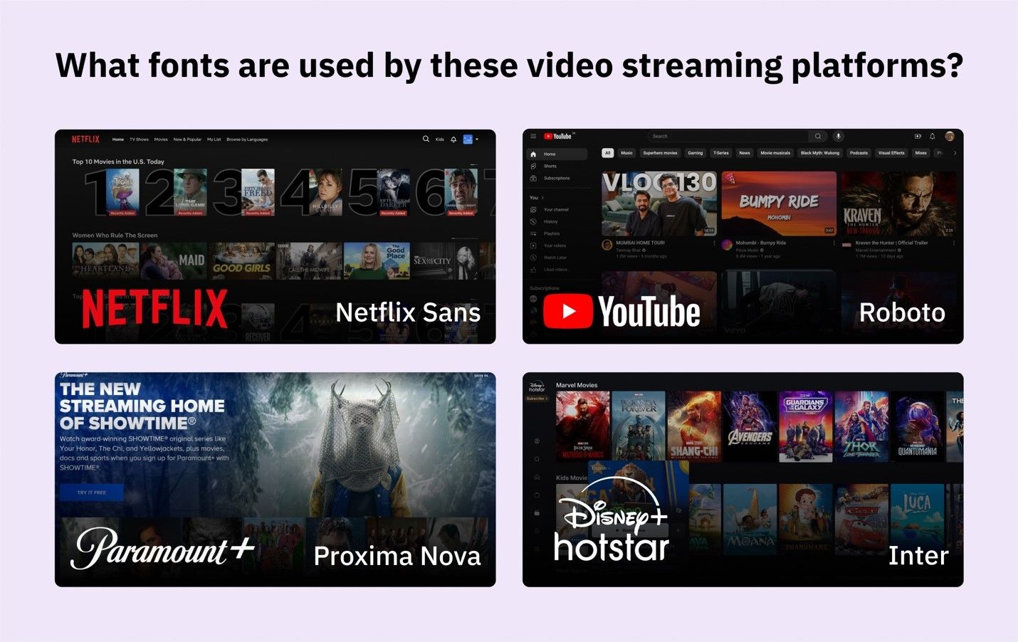 Fonts used by video streaming platforms: Netflix, YouTube, Paramount+, Disney+Hotstar