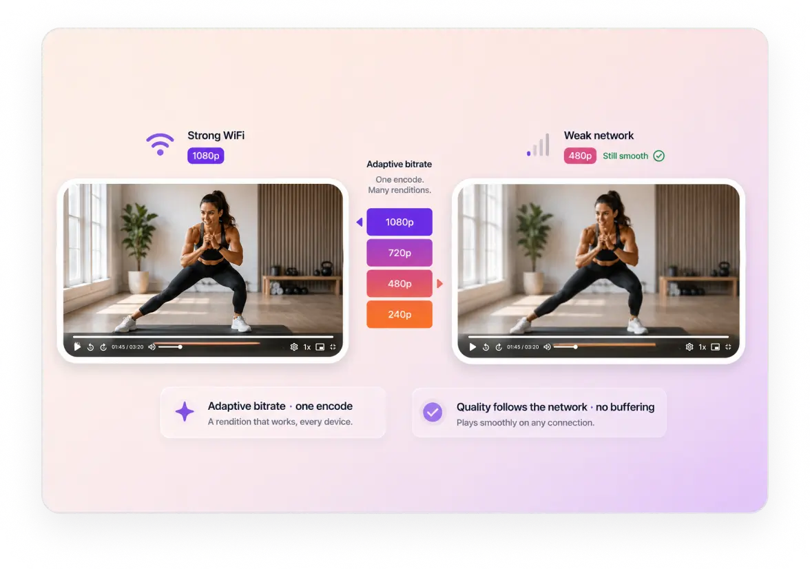 Fitness class library hosted with adaptive bitrate streaming and no ads