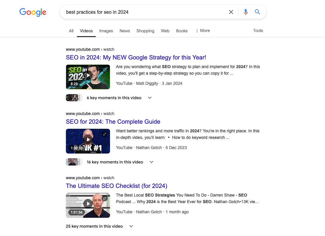 Search engine results page for a search result on google. 