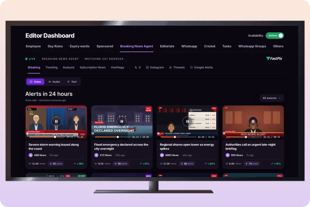 The Breaking News Agent scoring cross-confirmed sources and composing per-platform cuts