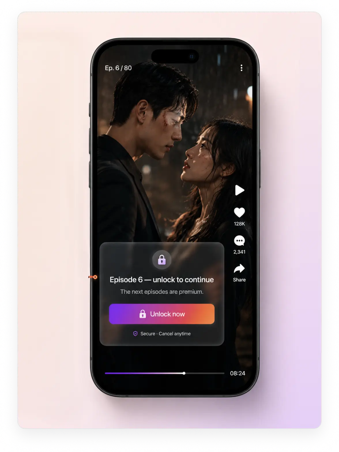 A per-episode paywall where free episodes play publicly and gated ones open only on a signed token