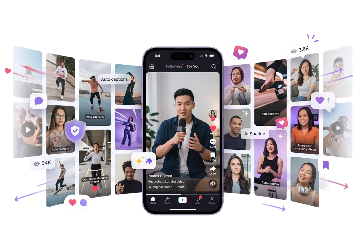 Vertical short-video feed with creator uploads, auto captions and moderation