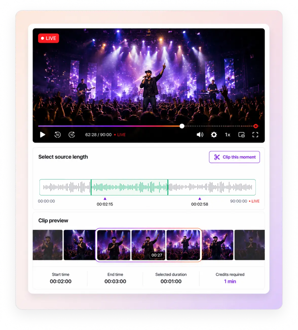 One live feed clipped mid-show and simulcast to YouTube, Facebook and any RTMP endpoint