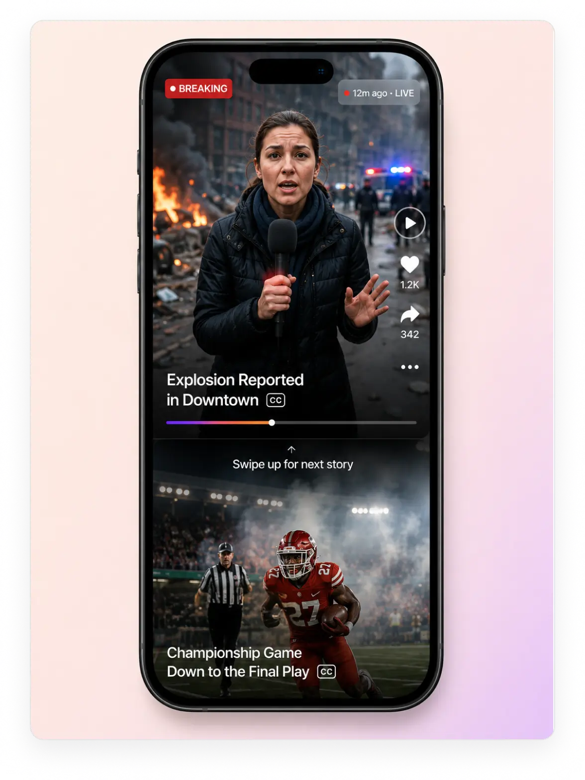 A vertical 9:16 news feed that prefetches the next story so a swipe lands on a frame