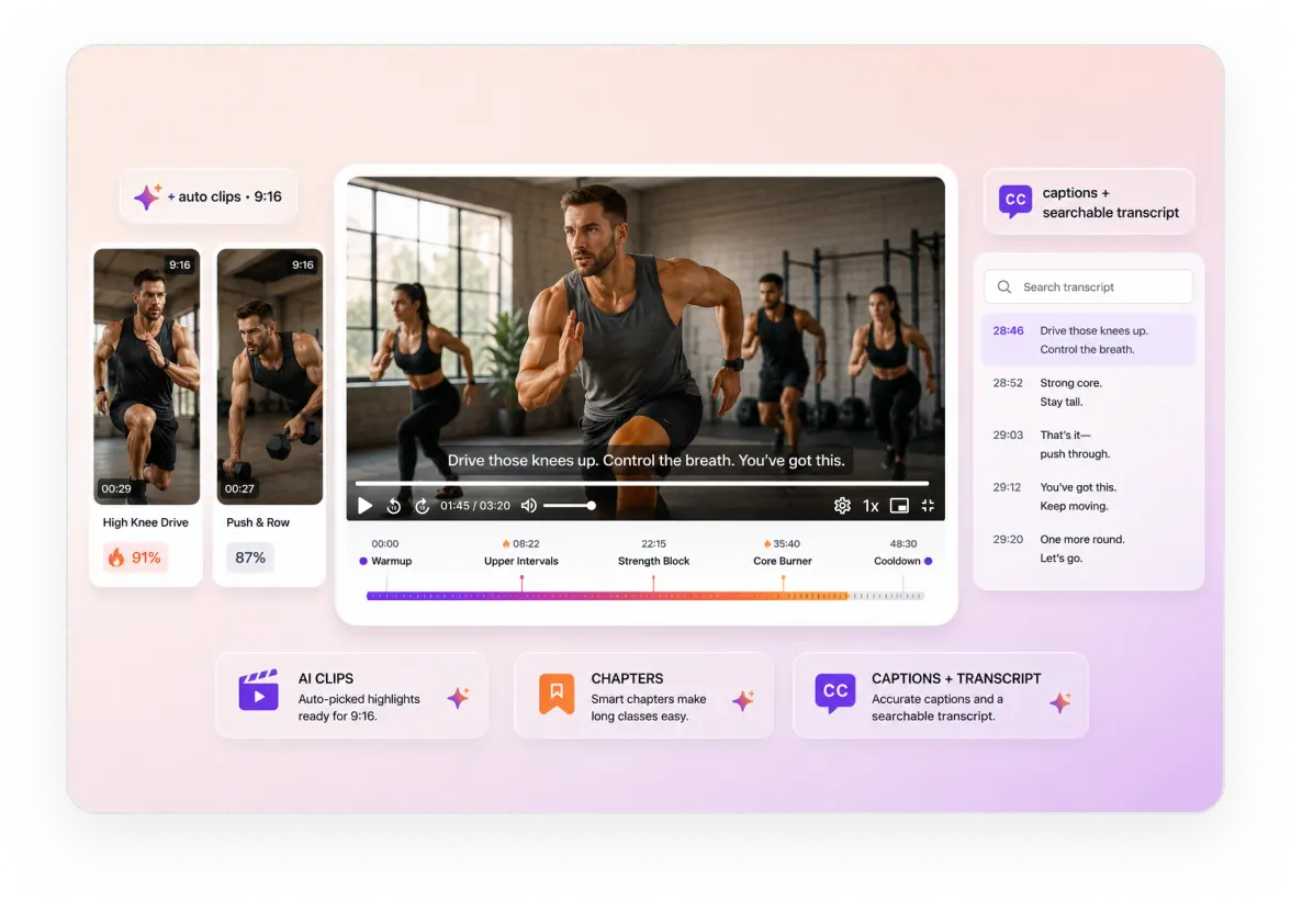 AI chapters, captions and 9:16 clips cut from a long workout session