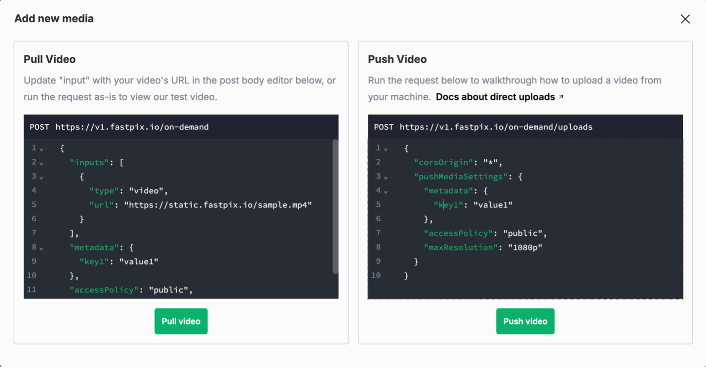 Video upload through a public URL or direct upload from your device using FastPix APIs.