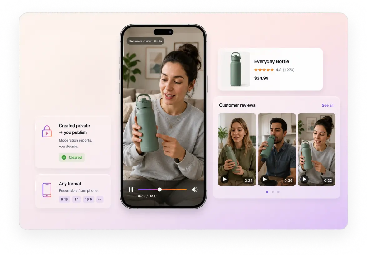 Customer video reviews screened by automated moderation before publish