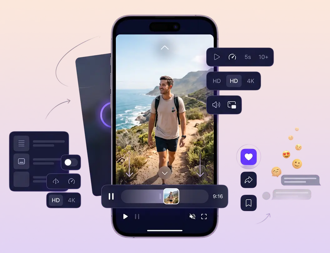 Vertical 9:16 video player with swipe-to-next in a shorts feed
