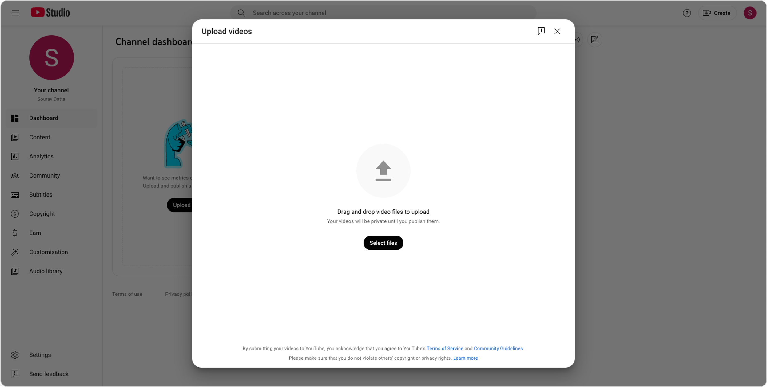 YouTube platform interface for direct video uploads: