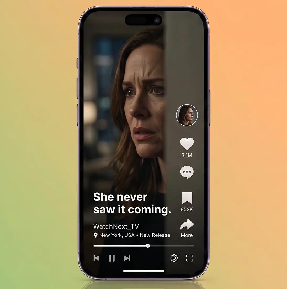 A 9:16 vertical short-form clip feed on a phone
