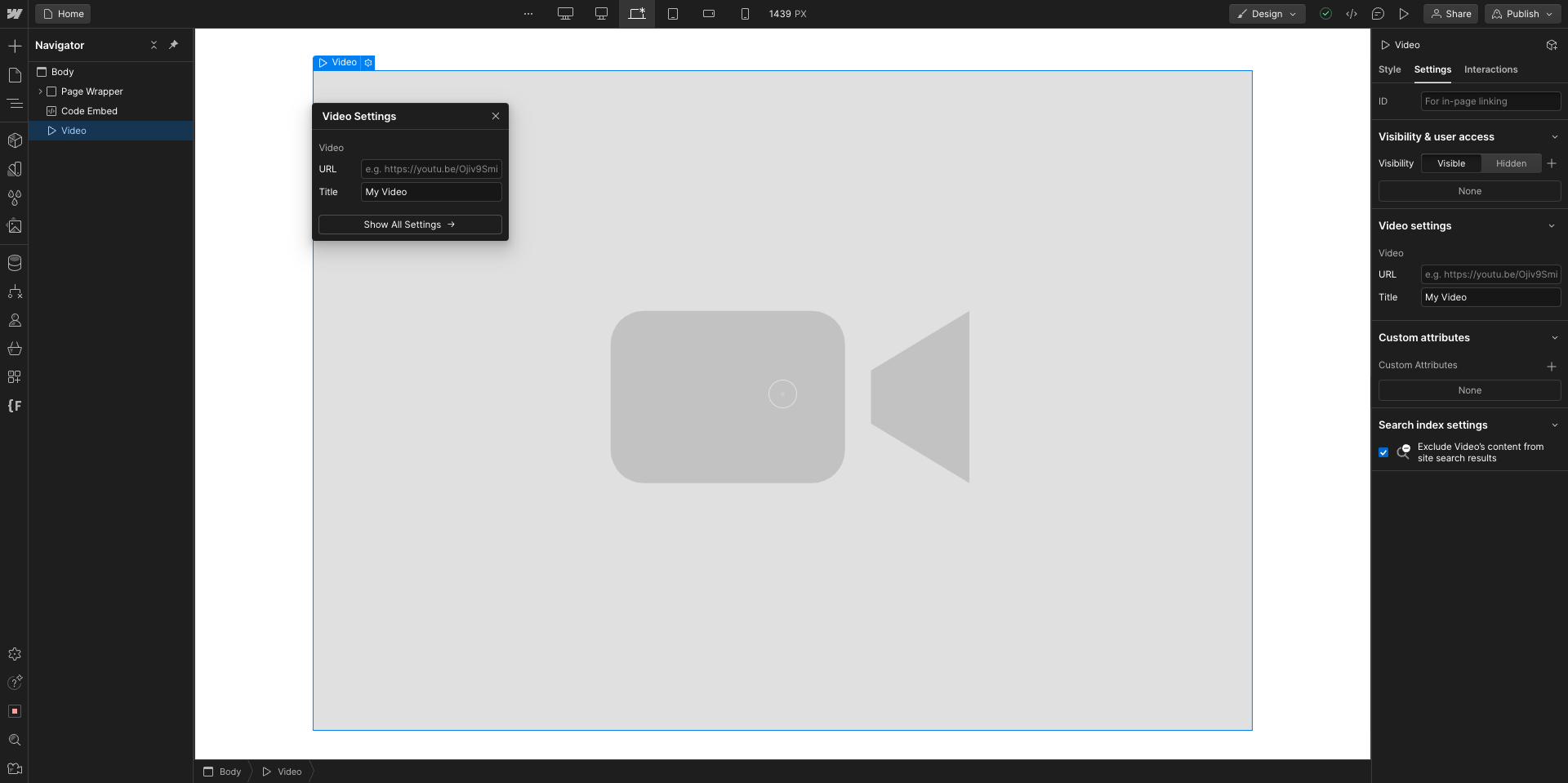 Embedding a video using Webflow’s video element