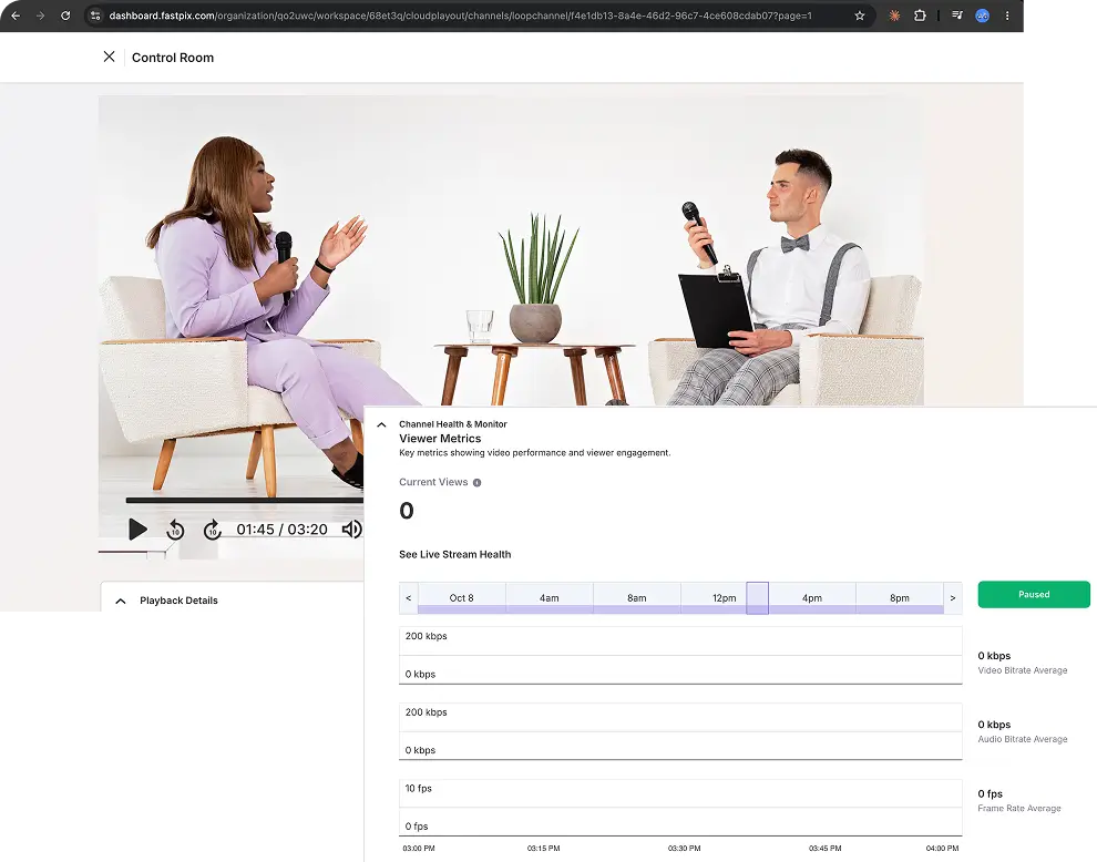 Browser-based control room previewing the on-air channel with the next-up rundown