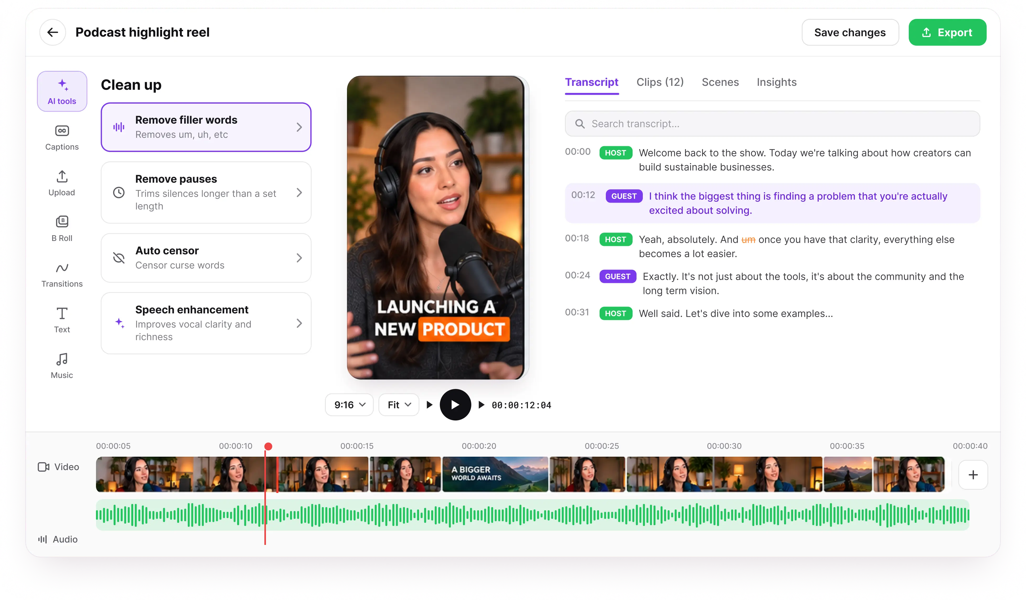 Clip editor — transcript, preview and timeline
