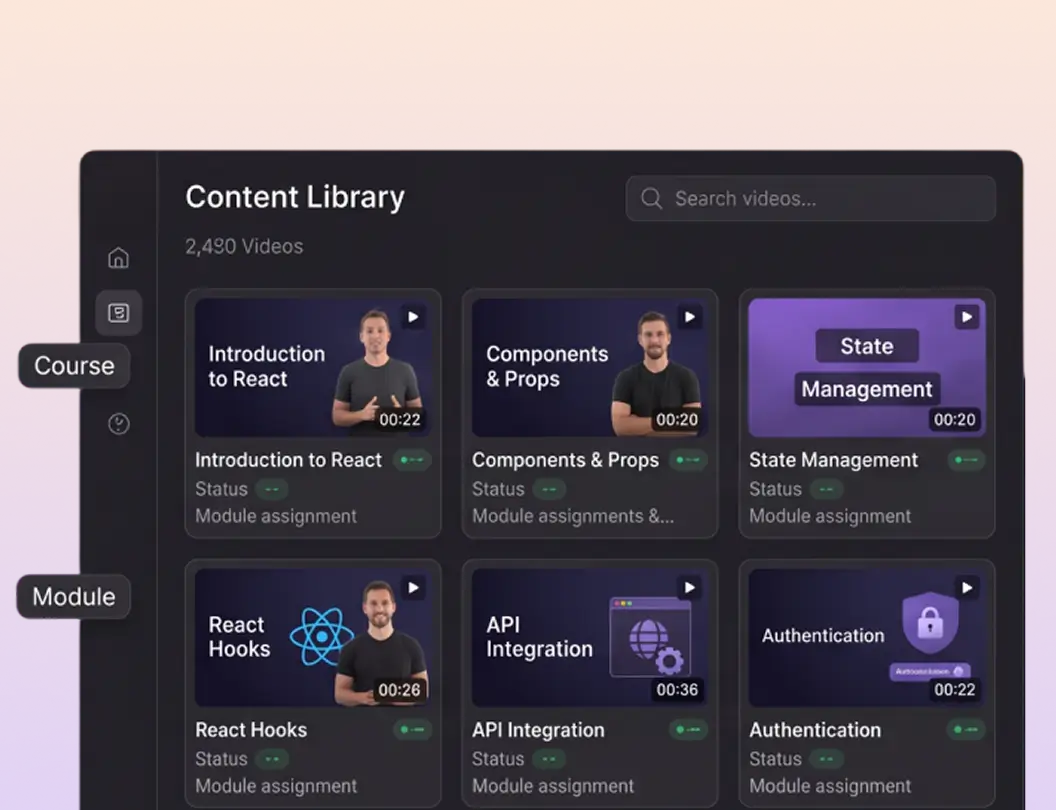 Content library of course videos organized by module