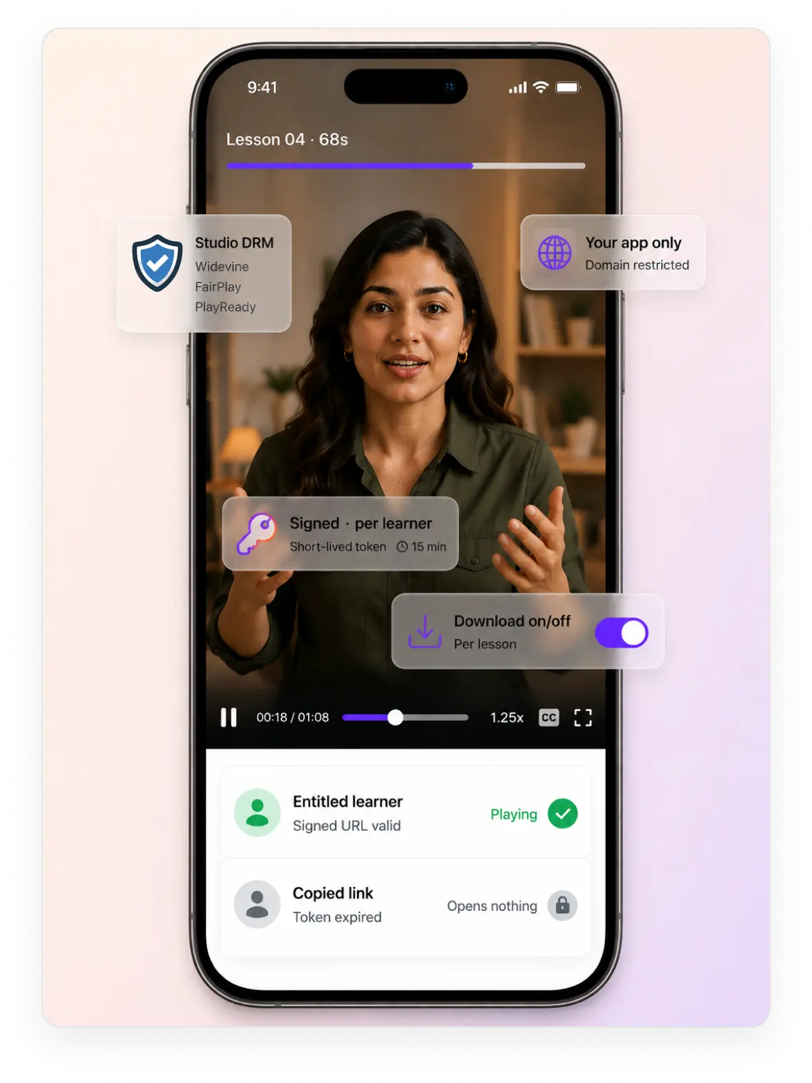 A gated lesson opened only by a short-lived signed JWT your app mints per learner