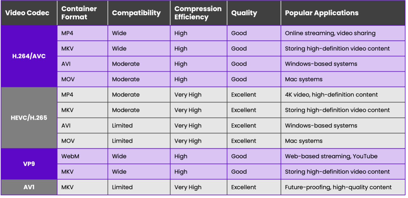 Comparison across codecs and container formats