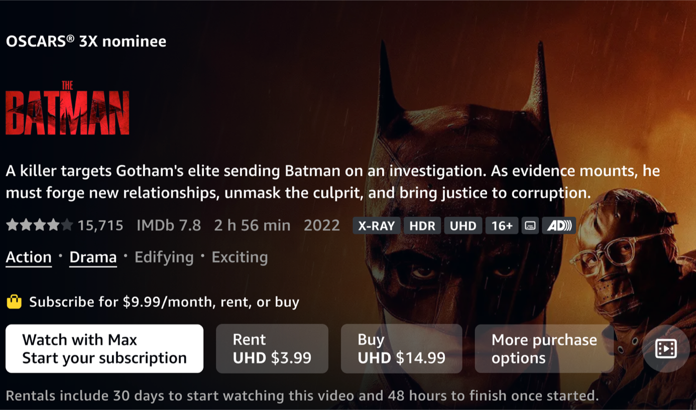 Example of transactional video on demand in Prime Video