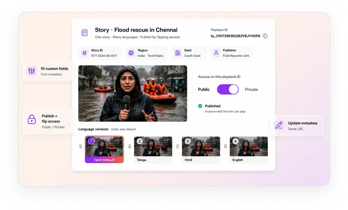 One story held as assets in four languages with custom fields and publish controls