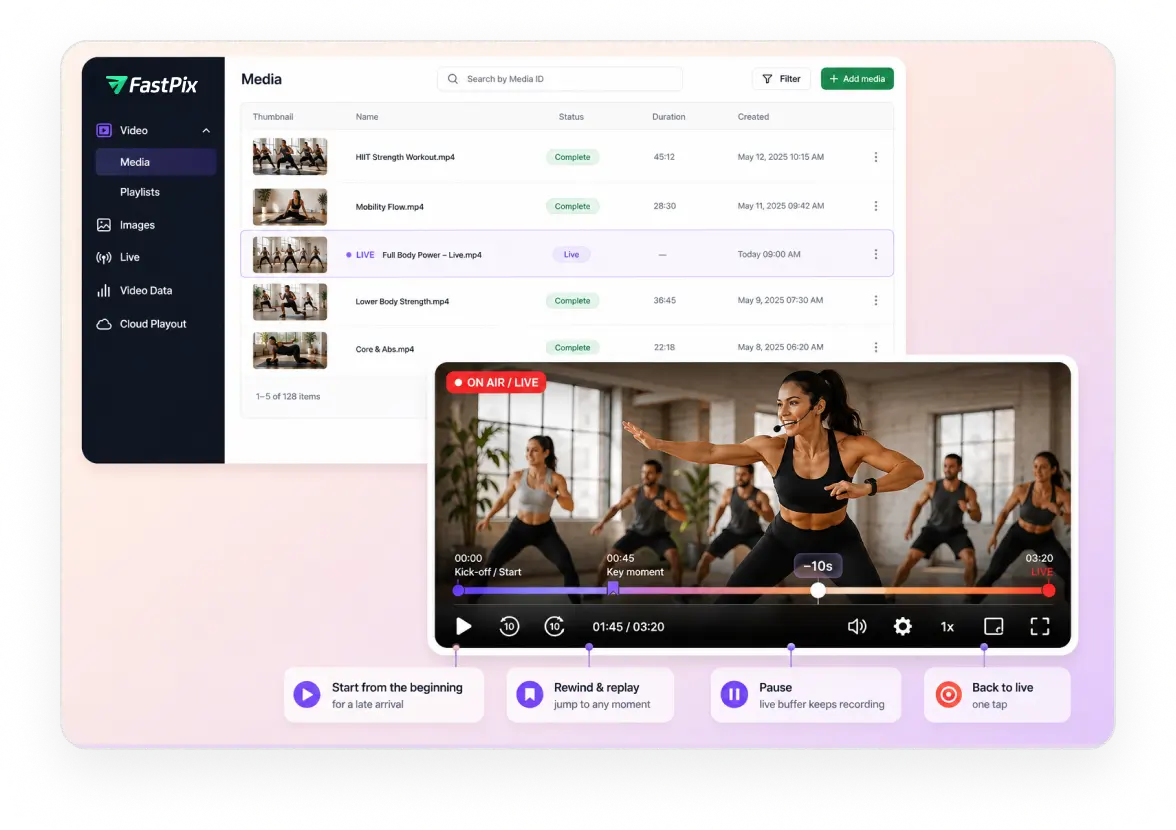 Trainer-led live classes with low latency and automatic live-to-VOD