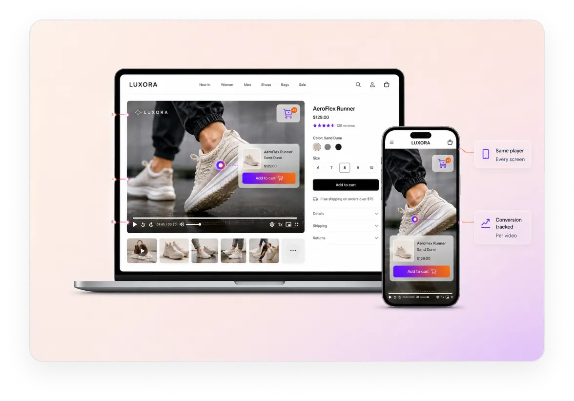 Shoppable video player themed per store, across the product page and feed