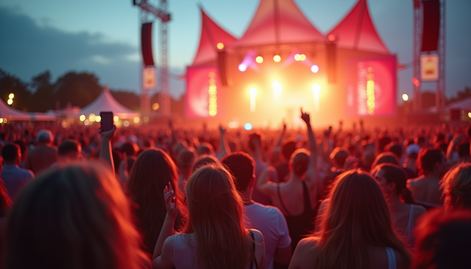 Wide angle view of a vibrant music festival scene