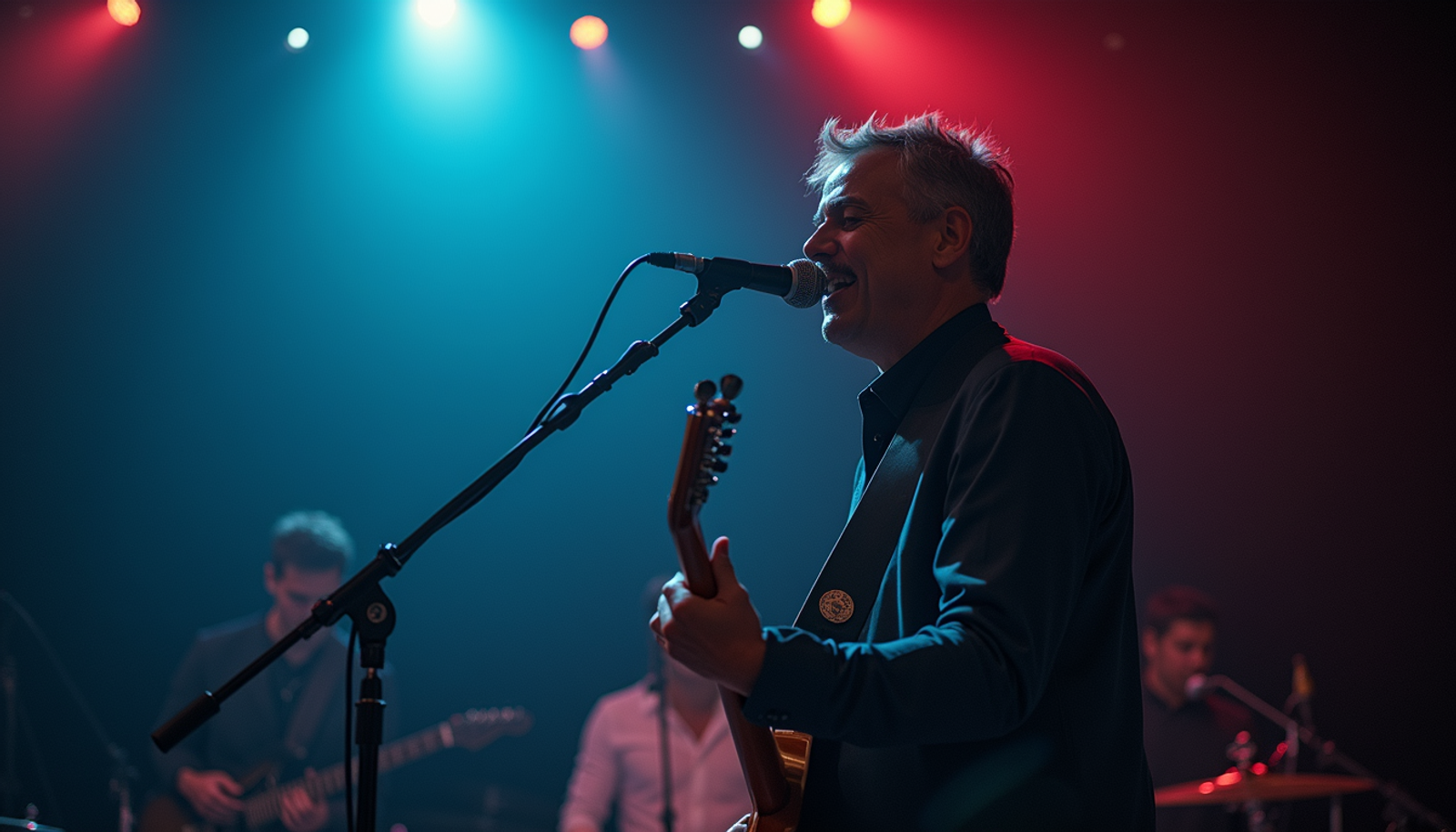 Eye-level view of a musician performing on stage
