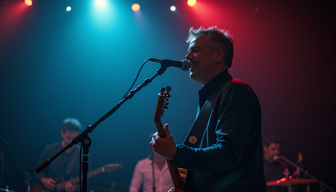 Eye-level view of a musician performing on stage