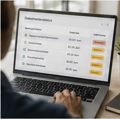 Dashboard mit Dokumentenstatus und Fristenübersicht.