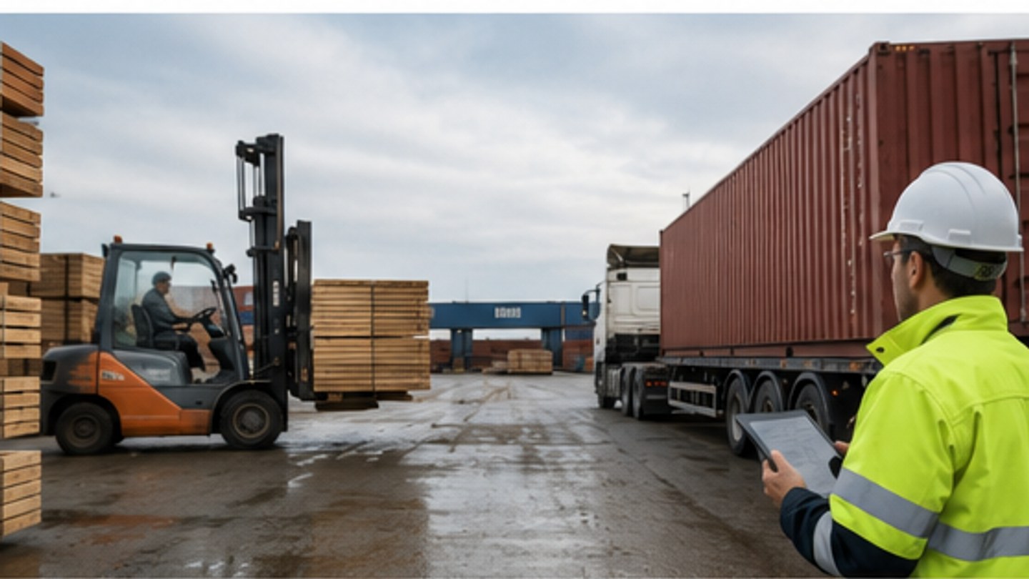 Disponent prüft den Lieferstatus einer Holzlieferung im Hafen mit Tablet.
