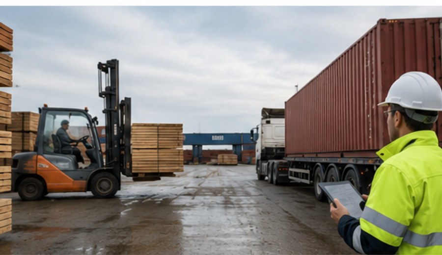 Disponent prüft den Lieferstatus einer Holzlieferung im Hafen mit Tablet.