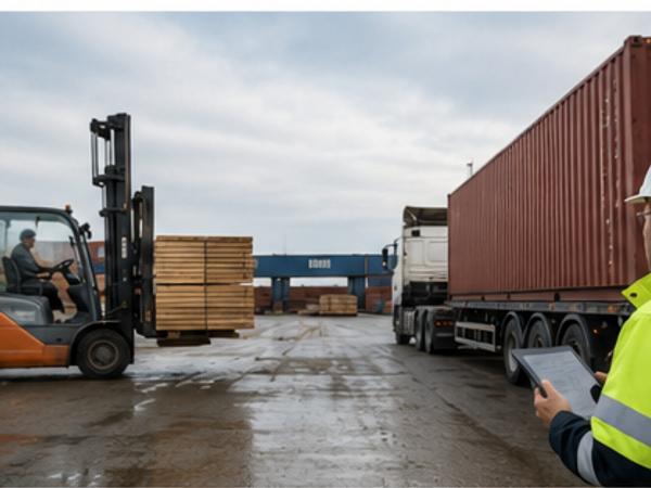 Disponent prüft den Lieferstatus einer Holzlieferung im Hafen mit Tablet.