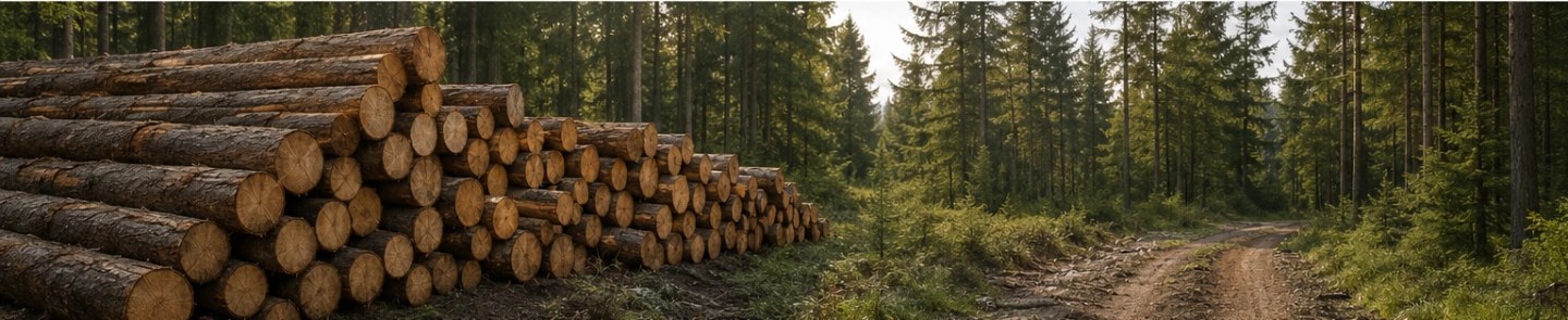 Gestapelte Baumstämme im Wald neben einem Transportweg.