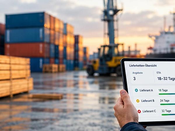 Holzstapel im Hafen vor Containerschiff; Mann in Warnweste prüft auf einem Tablet ETA, Angebotsvergleich und Dokumentenstatus der Holzlieferkette.