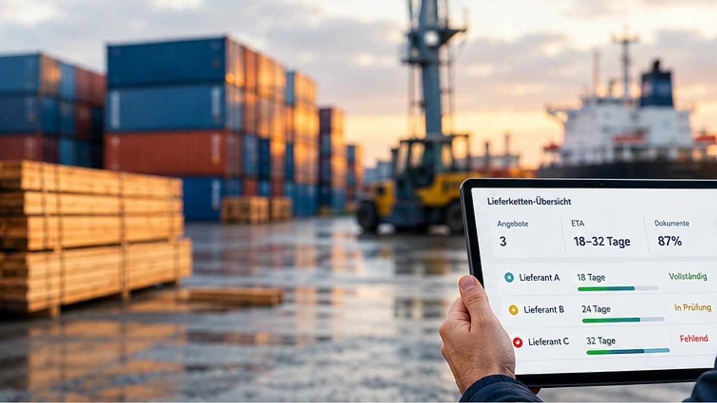 Holzstapel im Hafen vor Containerschiff; Mann in Warnweste prüft auf einem Tablet ETA, Angebotsvergleich und Dokumentenstatus der Holzlieferkette.