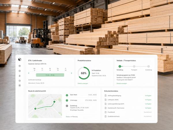 Strukturierte Prüfung von ETA, Produktionsfenster, Lieferstatus und Dokumentenstand bei Holzlieferungen für den DACH-Markt.