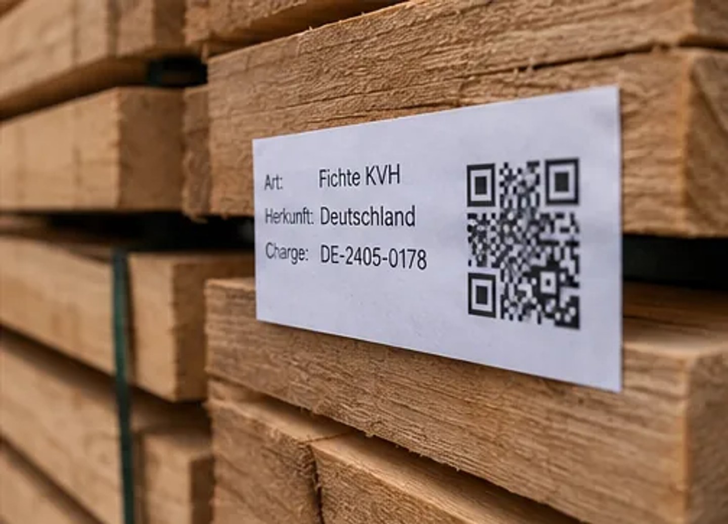 QR-Code-Etikett auf Holzpaket mit Angaben zu Holzart, Herkunft und Charge.