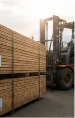 Holzstapel mit Herkunftskennzeichnung im Lager.