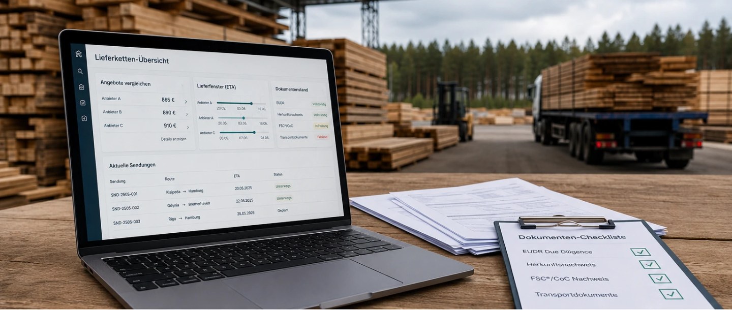 Laptop mit Lieferketten-Übersicht und Dokumenten-Checkliste vor Holzlager und LKW.