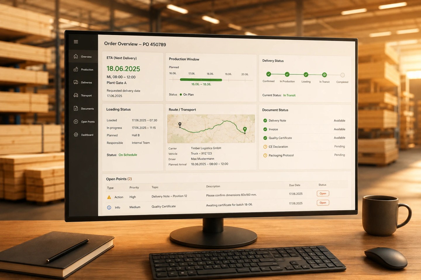 Digitales Dashboard zur Prüfung von ETA, Produktionsfenster, Lieferstatus und Dokumentenstand im Holzeinkauf.