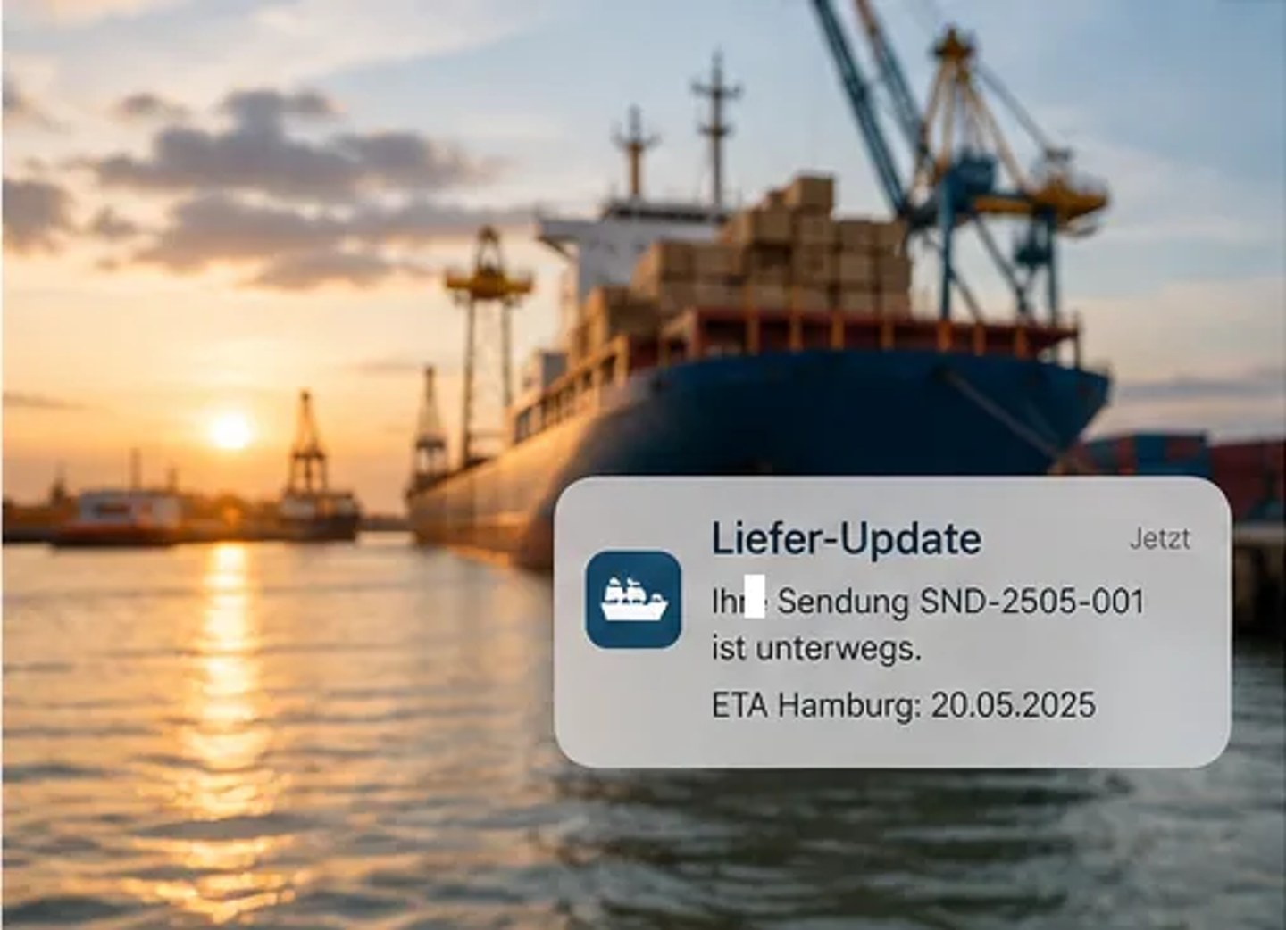 Containerschiff im Hafen mit digitalem Lieferupdate und ETA für eine Holzsendung.