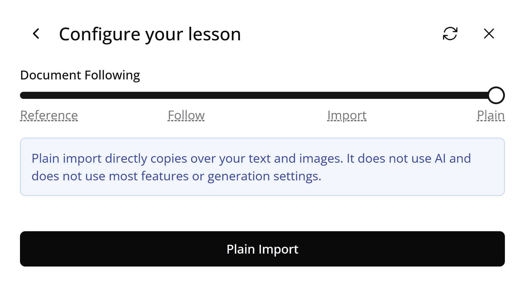 Screenshot of the Plain Import option in Mindsmith's document following strategies interface