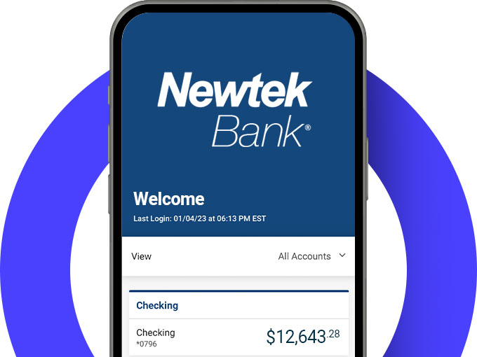 Mobile app showing Newtek Bank account overview screen