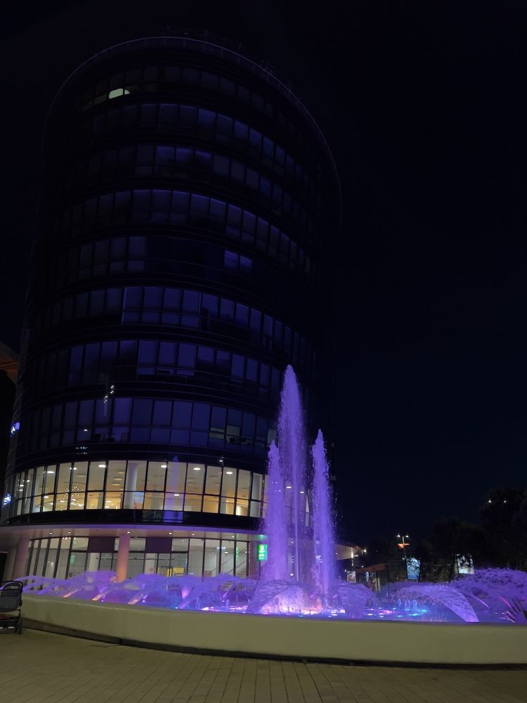 water feature outside modern building