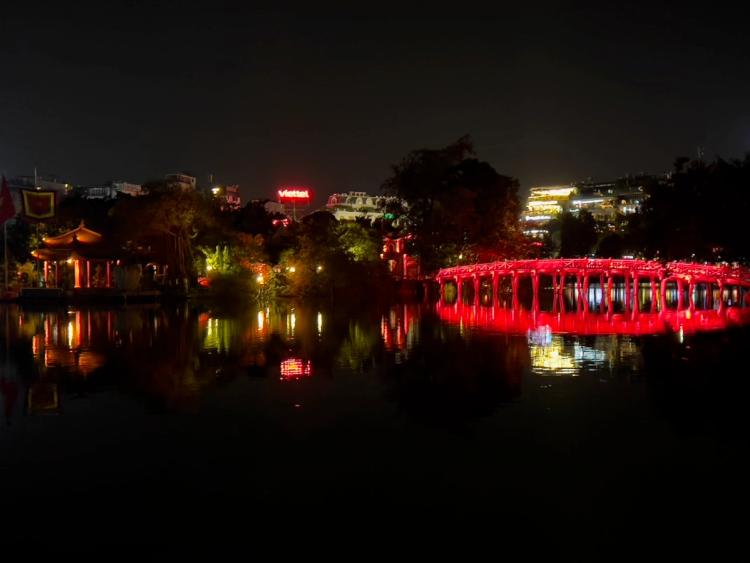 red bridge at night