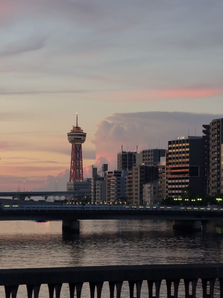 skyline from river at sunset