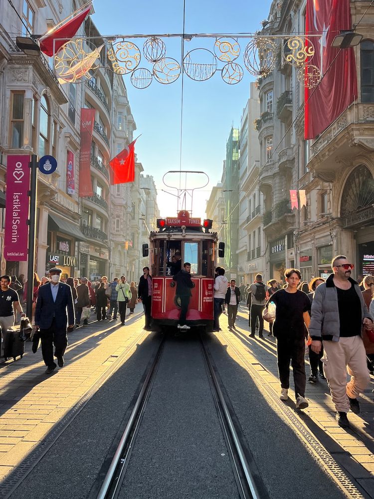 street tram with long shadow