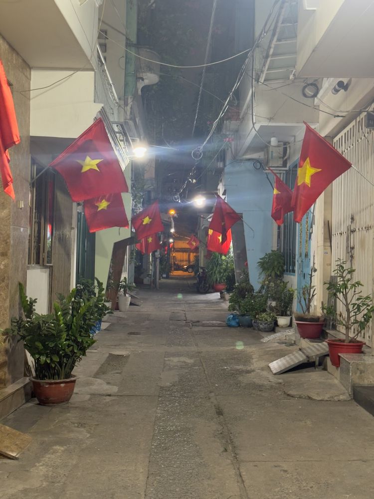alleyway at night with flags